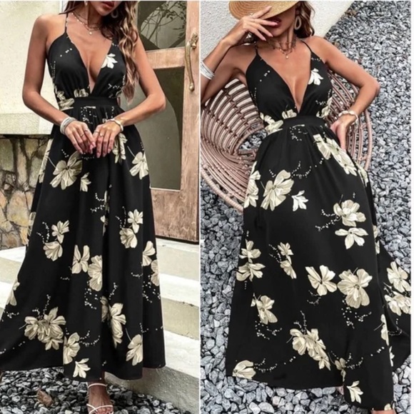 Boho Burgundy Floral Print Backless Maxi Dress - Picture 5 of 6